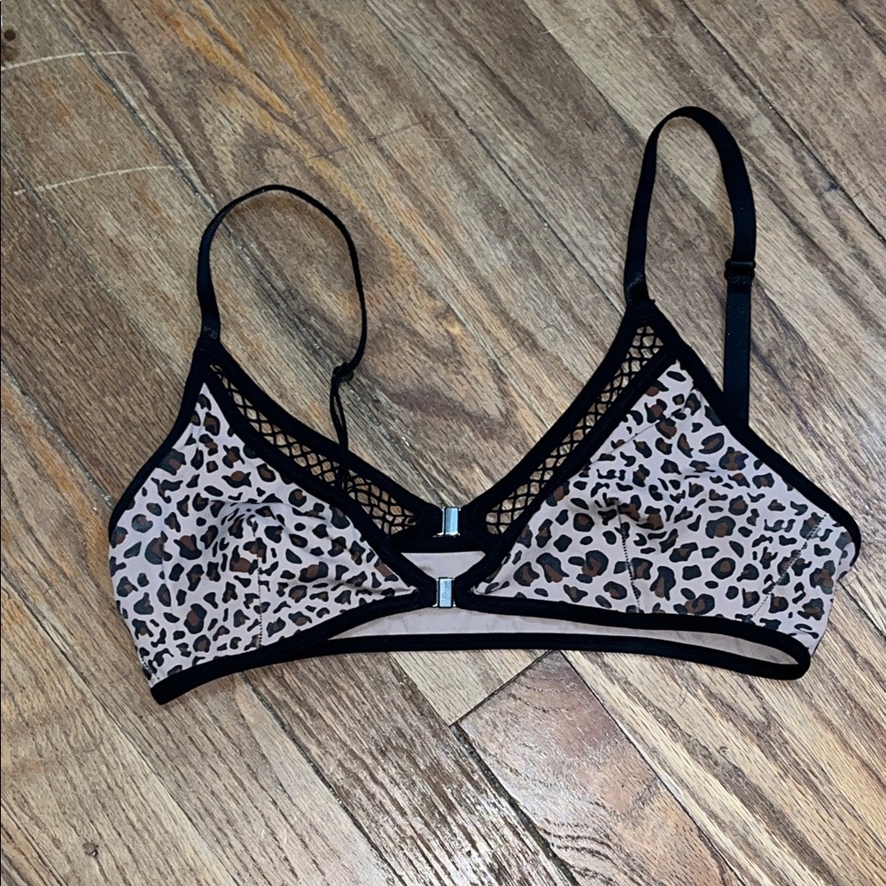 Leopard Print double clasp detail Bralette with Black and fishnet Trim